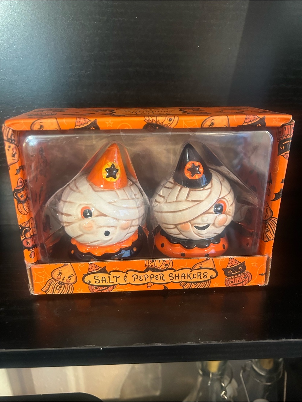 Halloween Mummy Salt & Pepper Shaker Set - Orange & Black